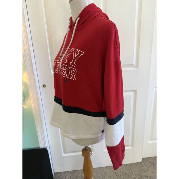 Tommy Hilfiger Denim Hockey Style Colorblock Hoodie Red White Blue - Picture 2 of 6